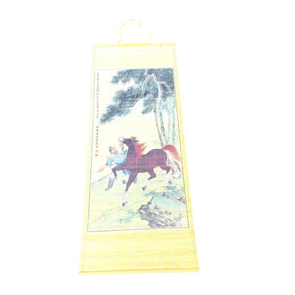 Large vintage Asian woven bamboo scroll with a horse - Picture 4 of 12